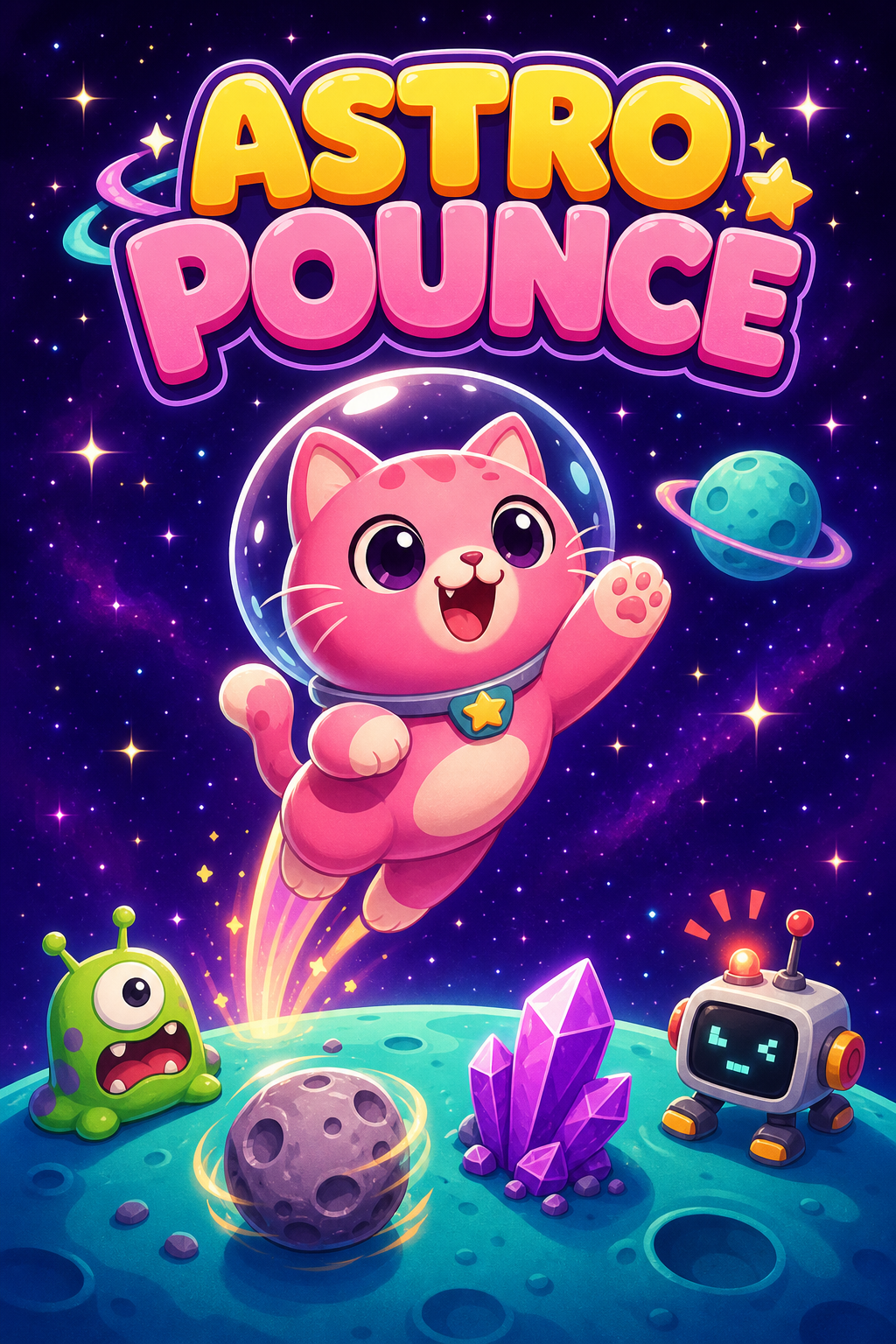 Astro Pounce space cat and colorful cosmic characters